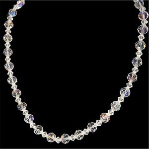 VTG Clear Crystal AB Beads Choker Necklace 1940s 50s Japan Hook Aurora Borealis